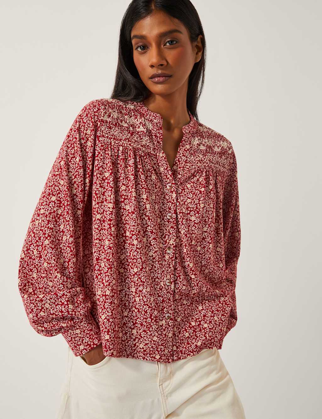 Monsoon Cotton Rich Jersey Floral V-Neck Shirt Pink