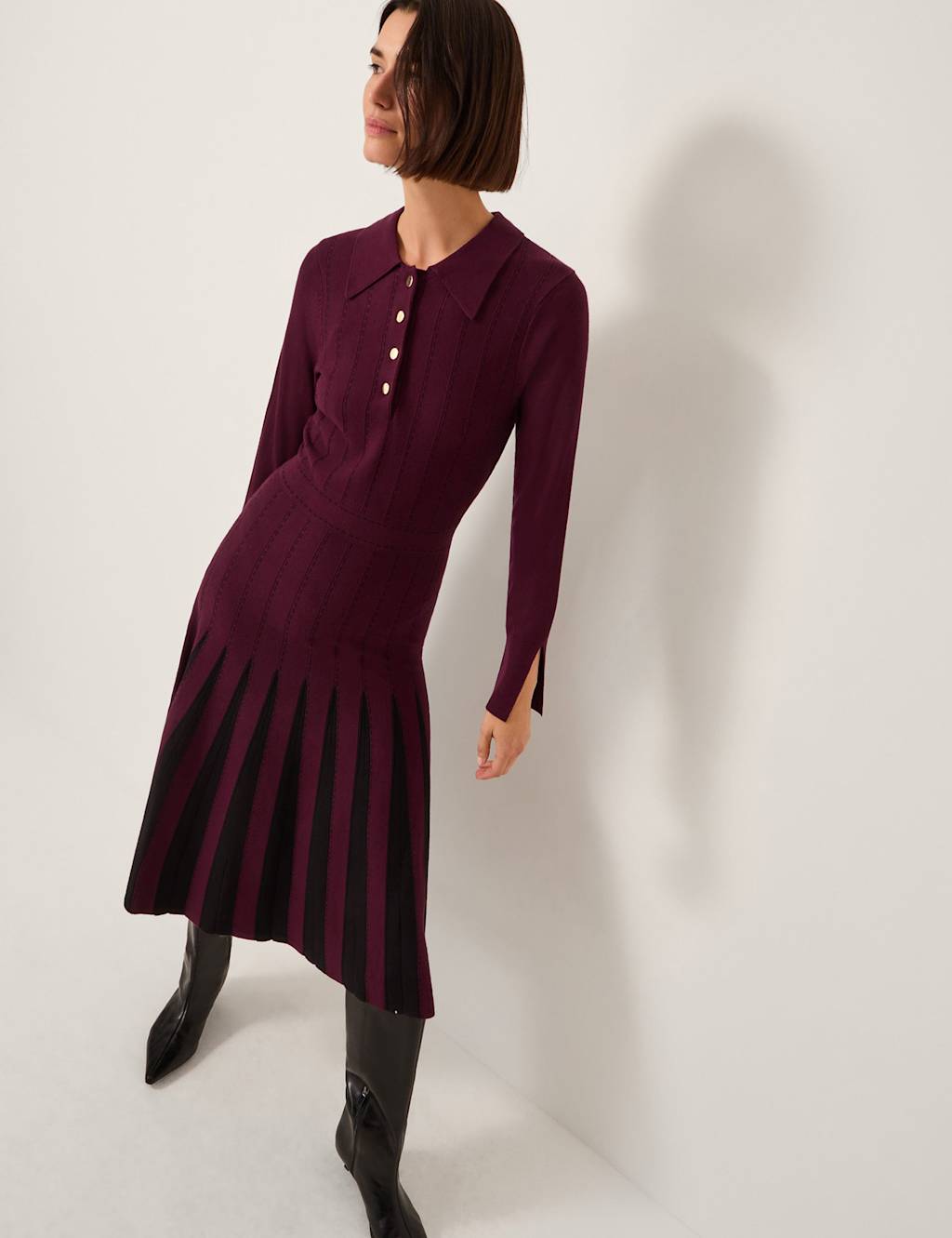 Monsoon Pleated Stitch Detail Midi Dress Berry