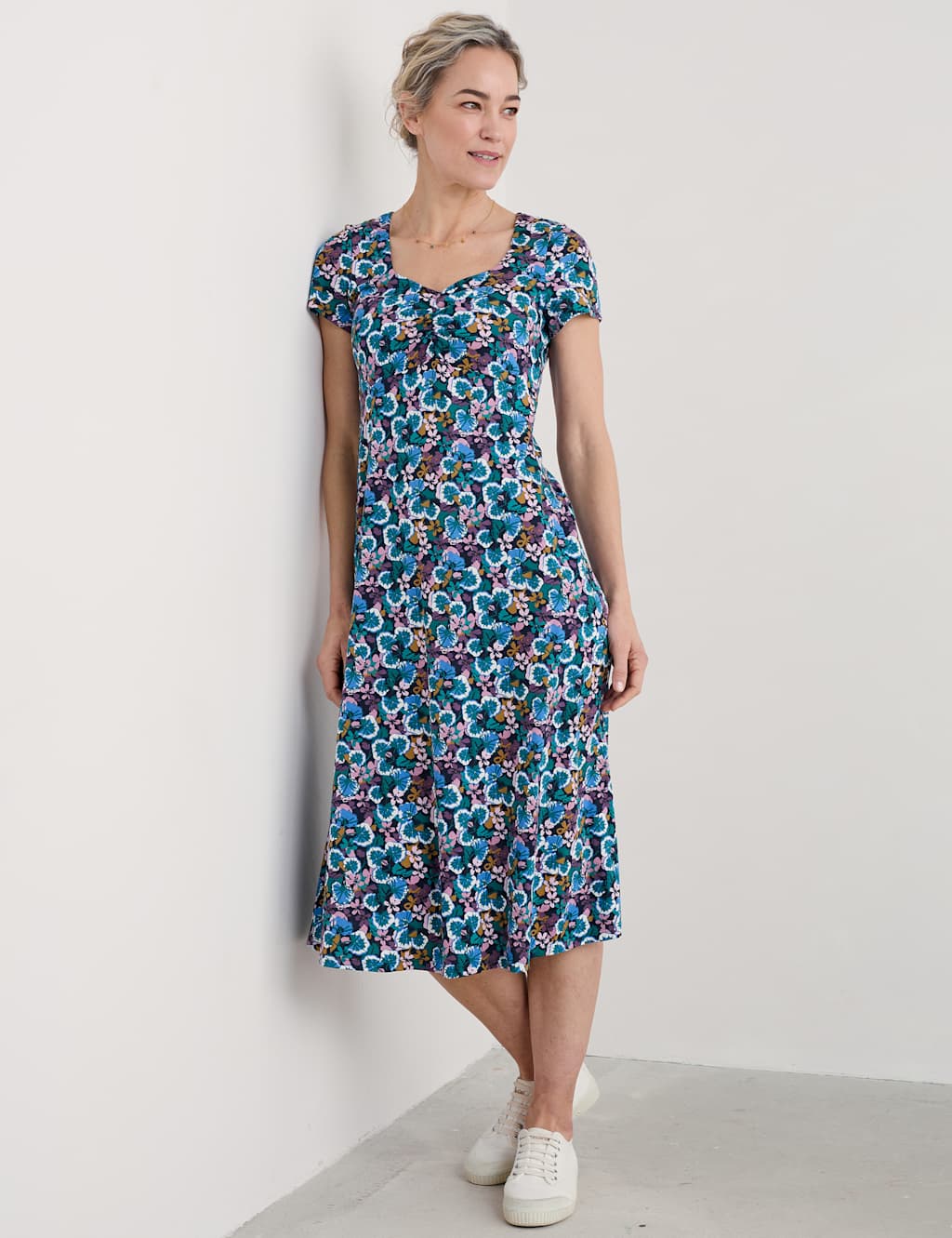 Jersey Floral Midi Waisted Dress