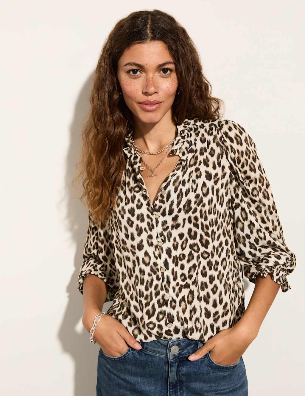 Animal Print Frill Neck Blouson Sleeve Blouse