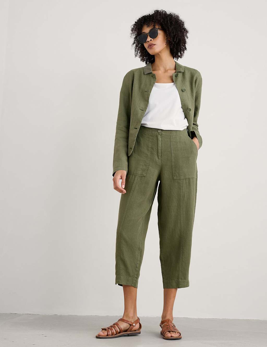 Pure Linen Straight Leg Cropped Trousers