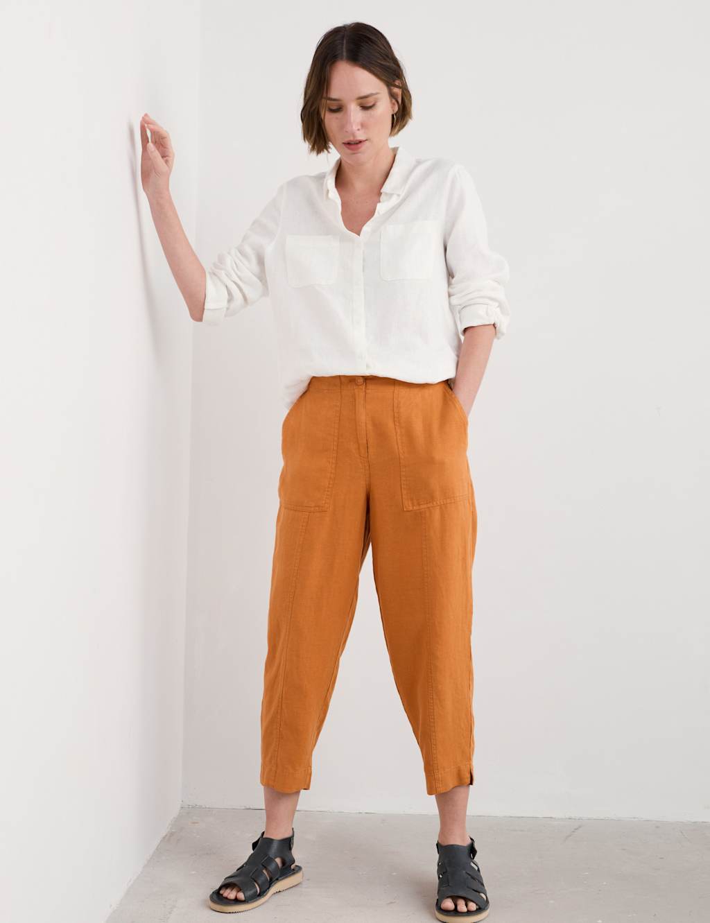 Pure Linen Straight Leg Cropped Trousers