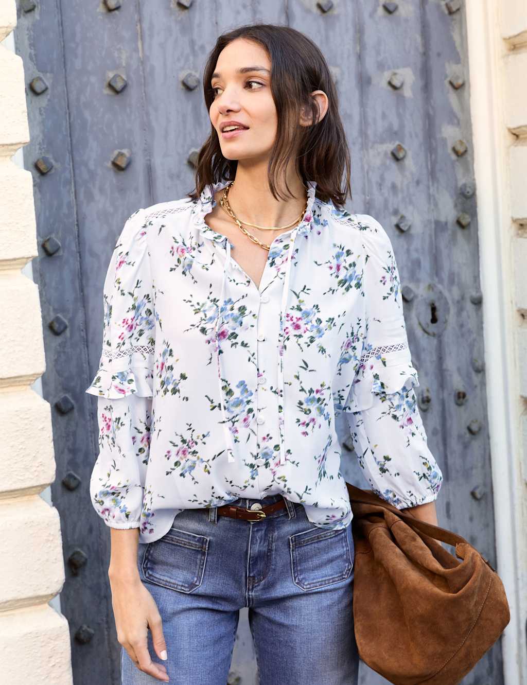 Floral Collared Frill Detail Blouse