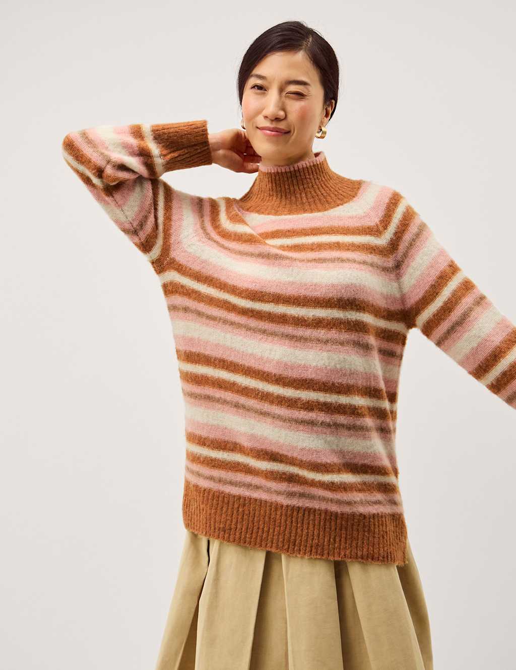 Monsoon Women's Striped Funnel Neck Longline Jumper with Wool - Small - Navy Mix - Available at M&S