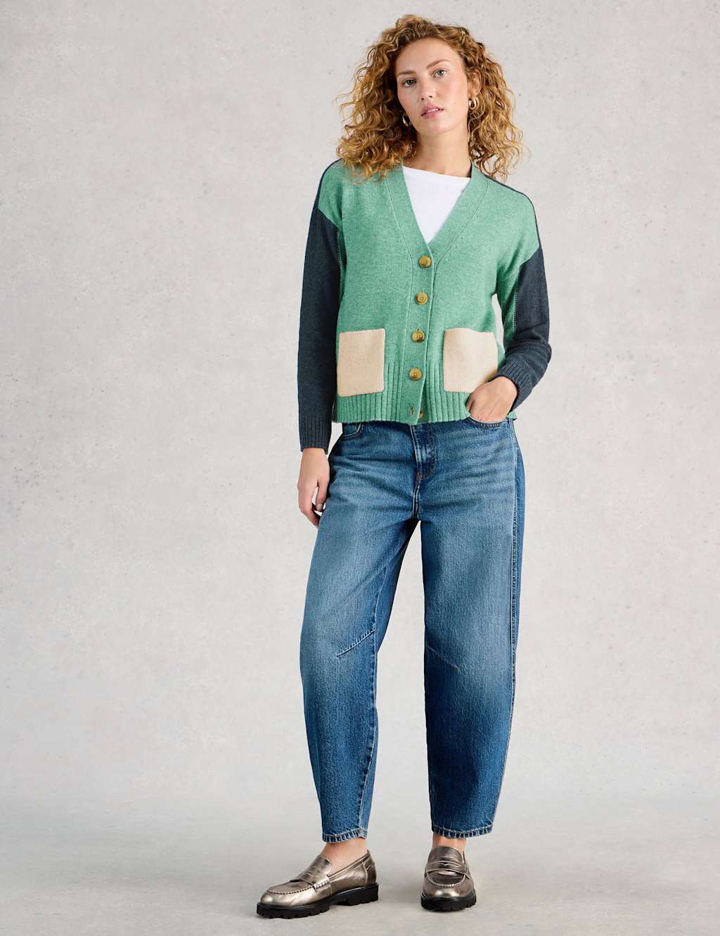 White Stuff Wool Blend Colour Block V-Neck Cardigan Teal Mix