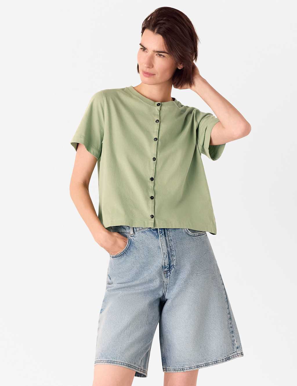 Whistles Pure Cotton Button Front T-Shirt Green