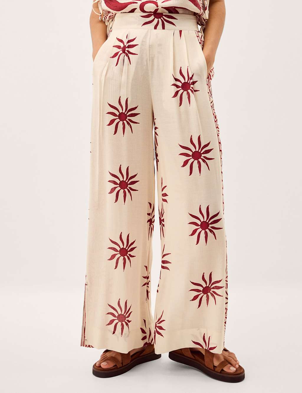 Monsoon Women's Sun Print Wide Leg Trousers - Small - Ivory Mix - Available at M&S