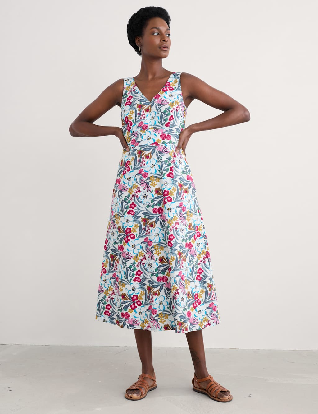 Pure Cotton Floral V-Neck Midi Skater Dress