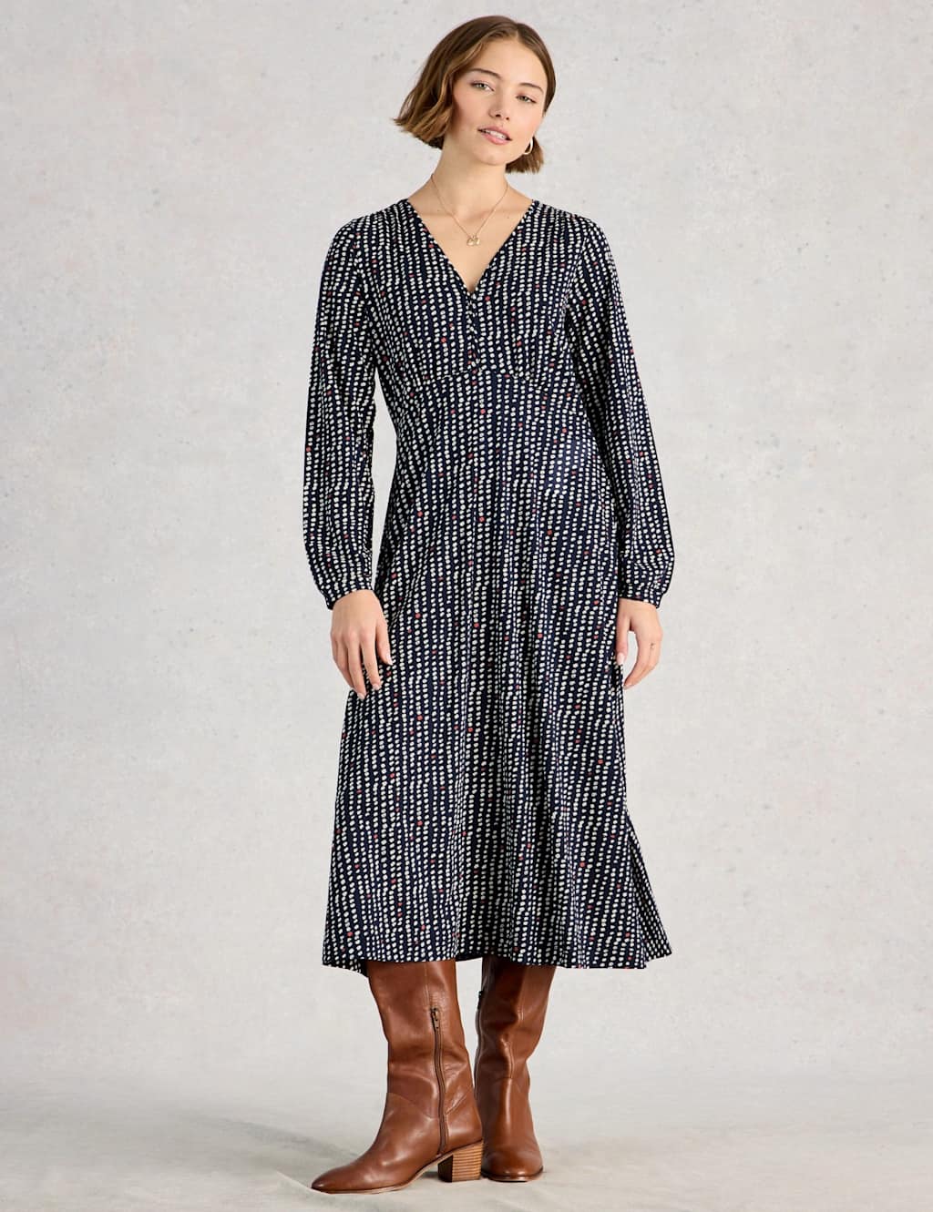 White Stuff Cotton Modal Blend Printed Jersey Tea Dress Navy Mix