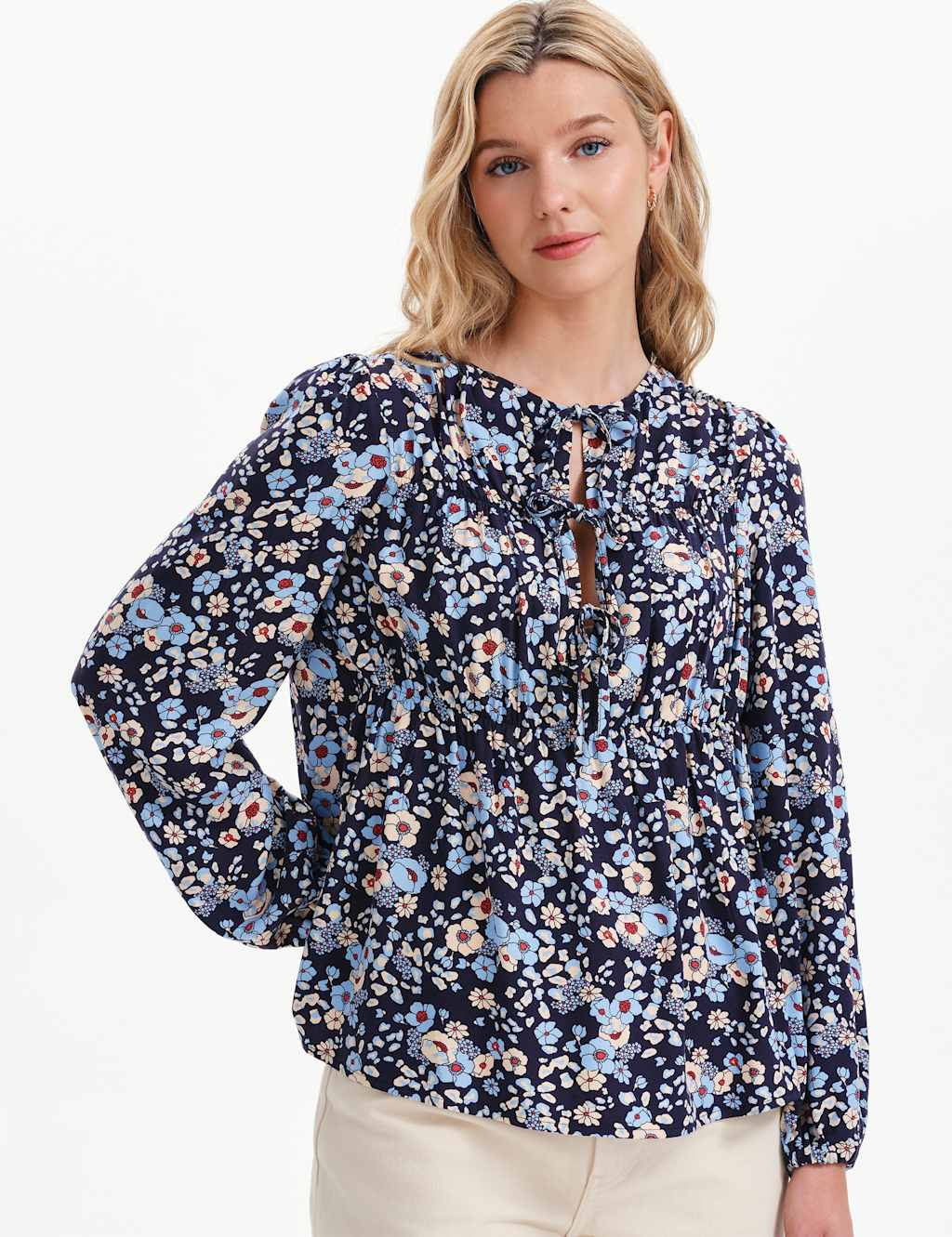 Finery London Women's Floral Tie Neck Top - 20 - Blue Mix - Available at M&S