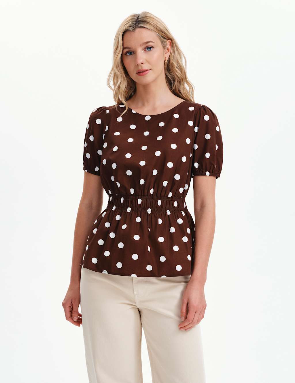 Finery London Women's Pure Cotton Polka Dot Short Sleeve Top - 12 - Brown Mix - Available at M&S