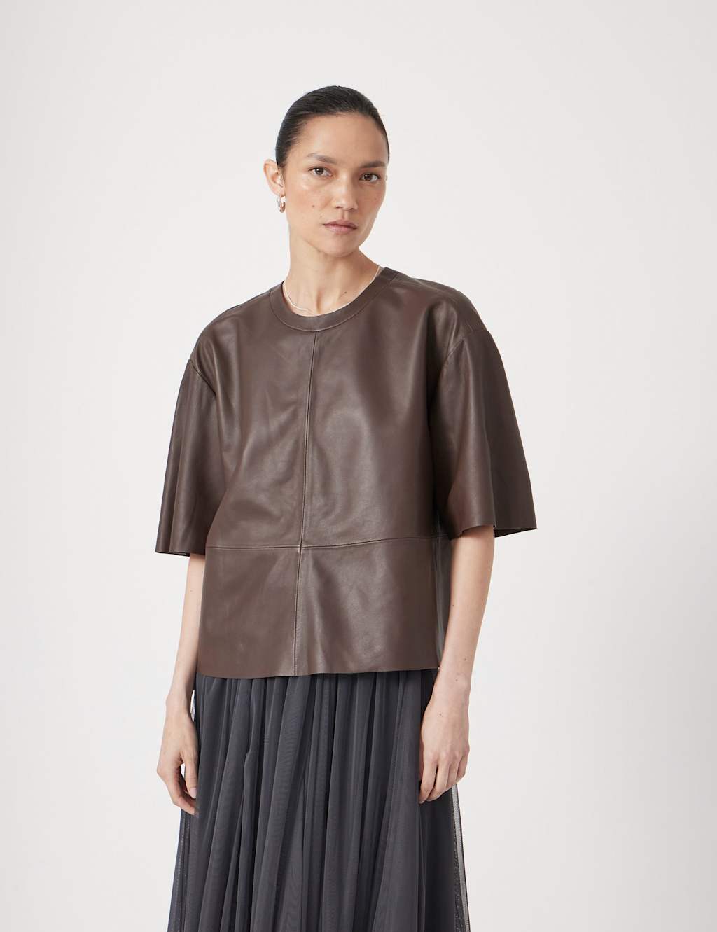HUSH Leather Relaxed Panelled T-Shirt Brown