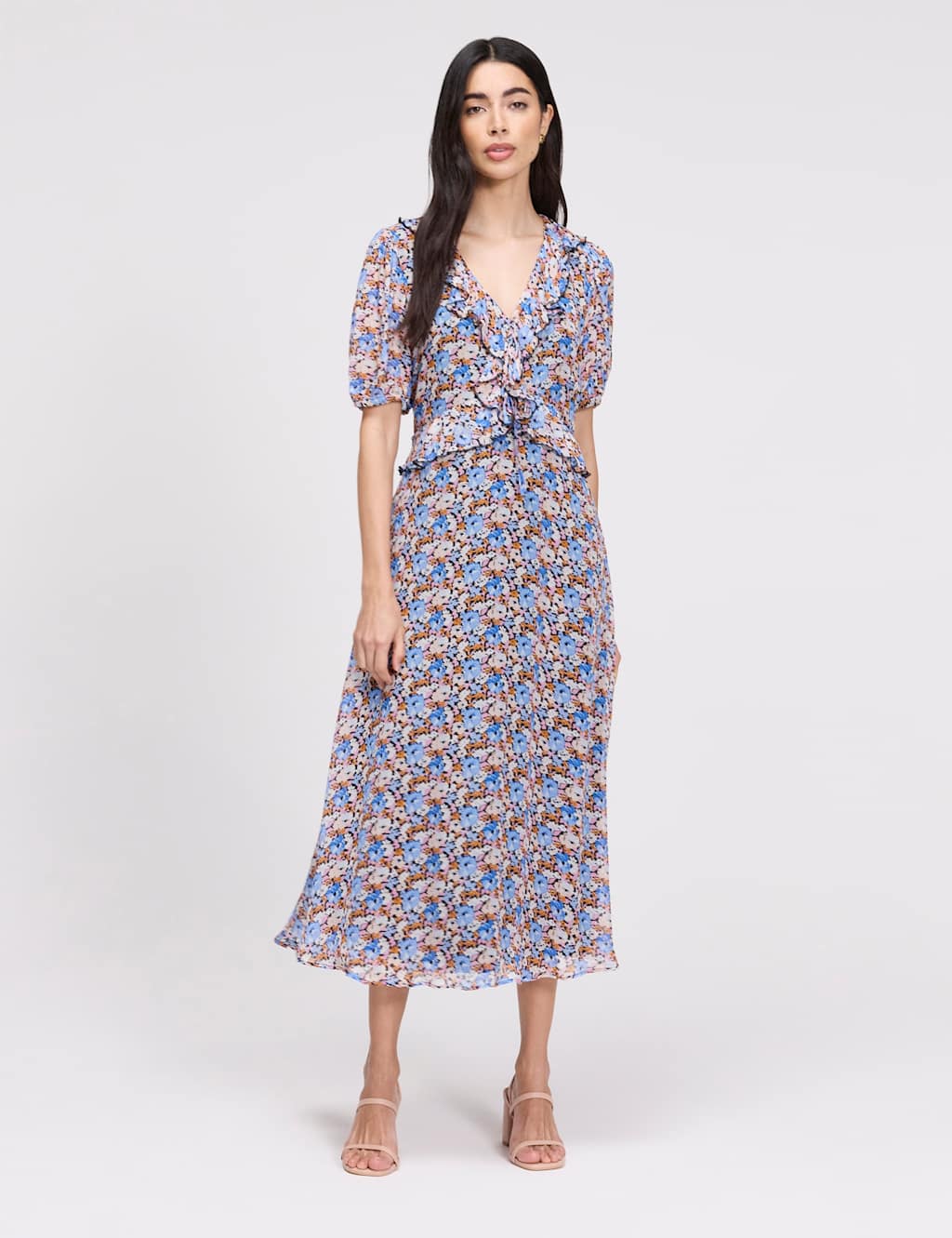 Finery London Women's Floral Chiffon Ruffle Midi Skater Dress - 14 - Blue Mix - Available at M&S