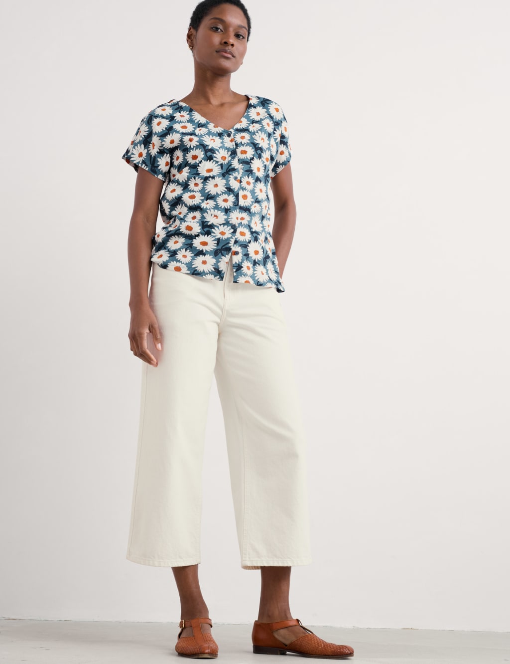 Pure Cotton Floral V-Neck Top