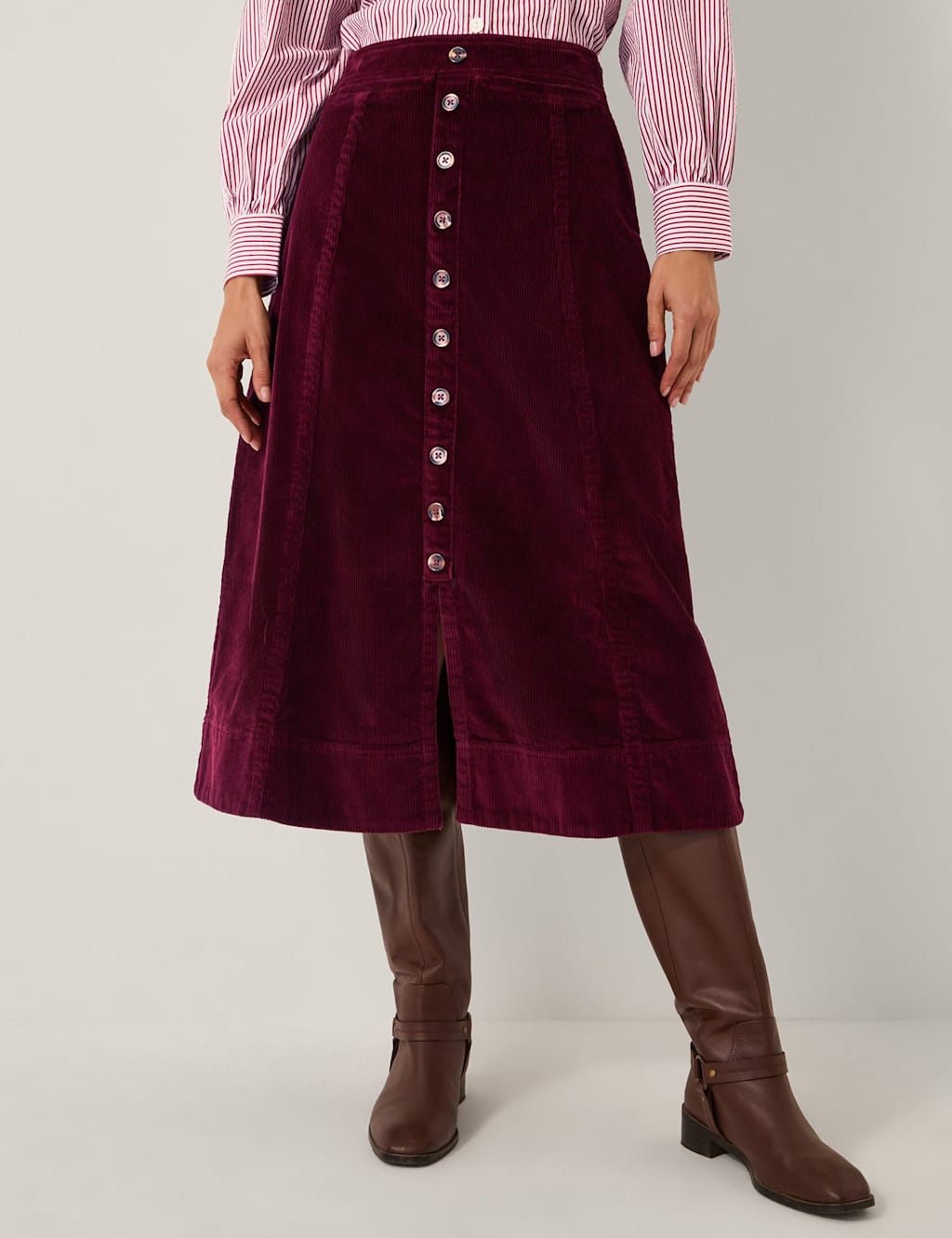 Monsoon Cord Button Front Midi A-Line Skirt Burgundy