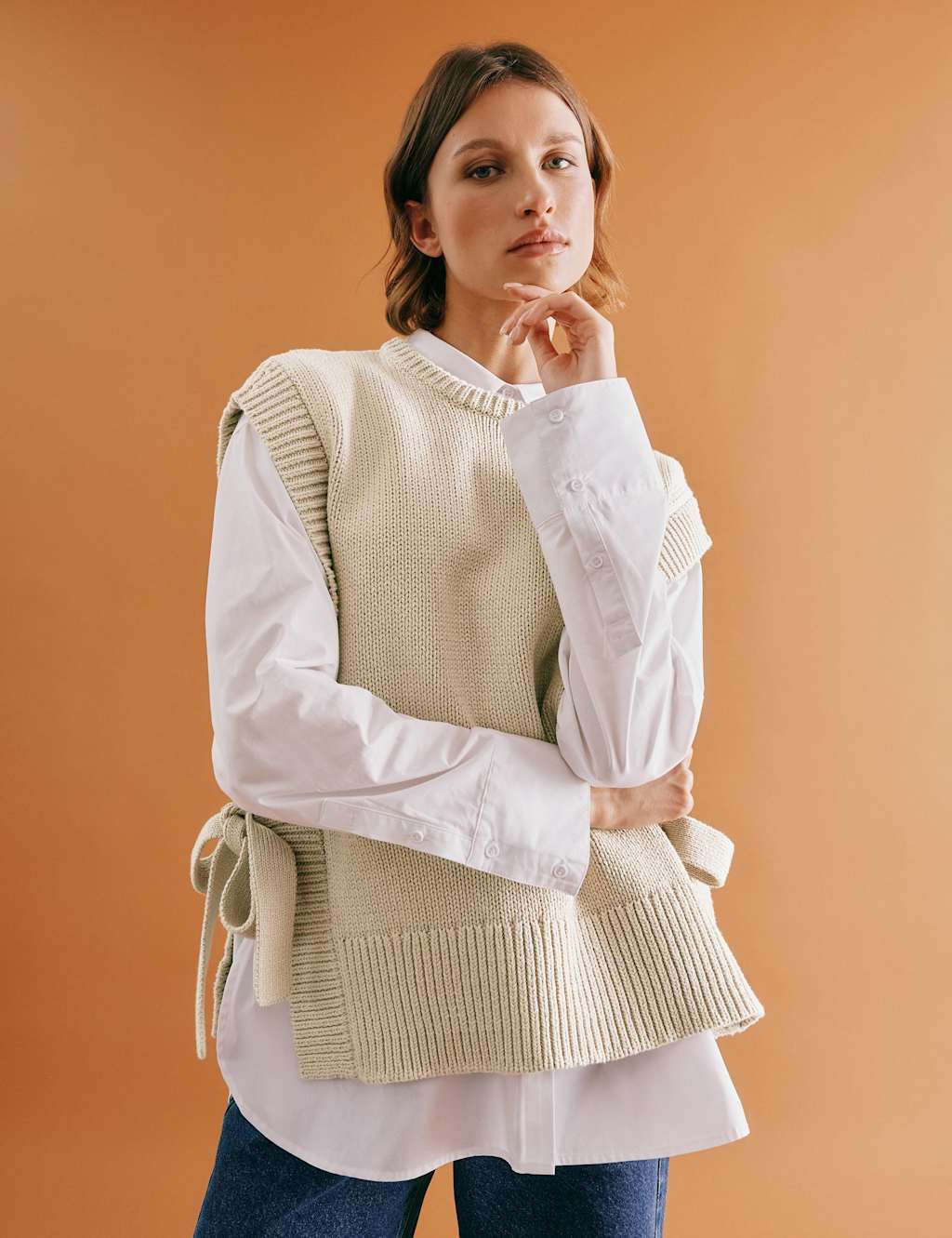 Pure Cotton Textured Crew Neck Knitted Tabard