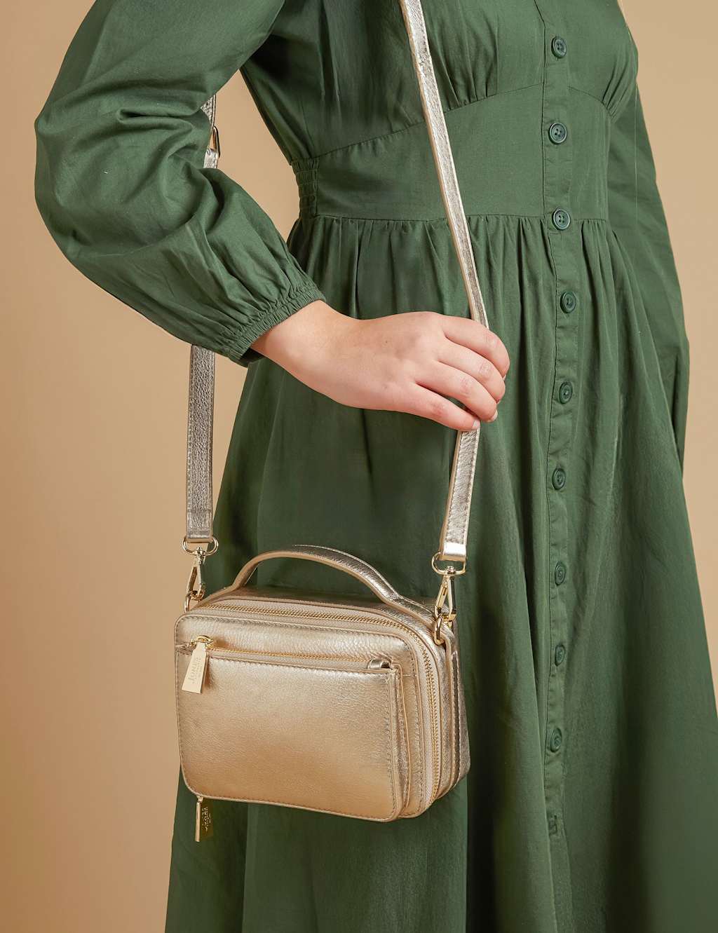 Leather Metallic Zip Around Cross Body Bag