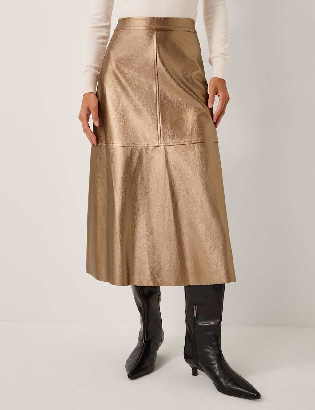 Monsoon Leather Look Metallic Midi A-Line Skirt Bronze