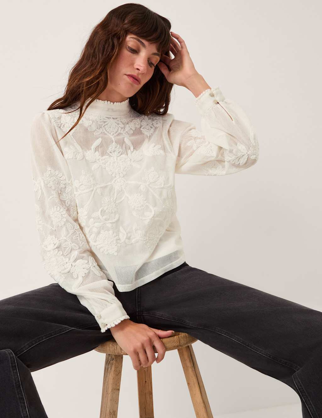 Monsoon Pure Cotton Embroidered Lace High Neck Top Ivory