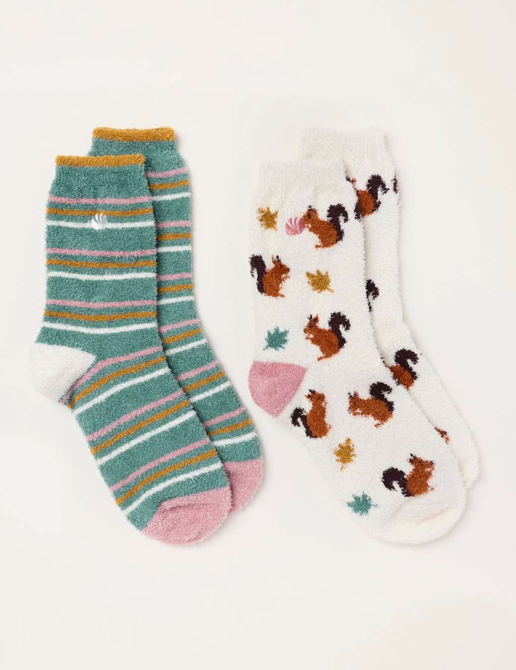 Fatface Women's 2 Pack Squirrel Striped Fluffy Socks - Ivory Mix - Available at M&S