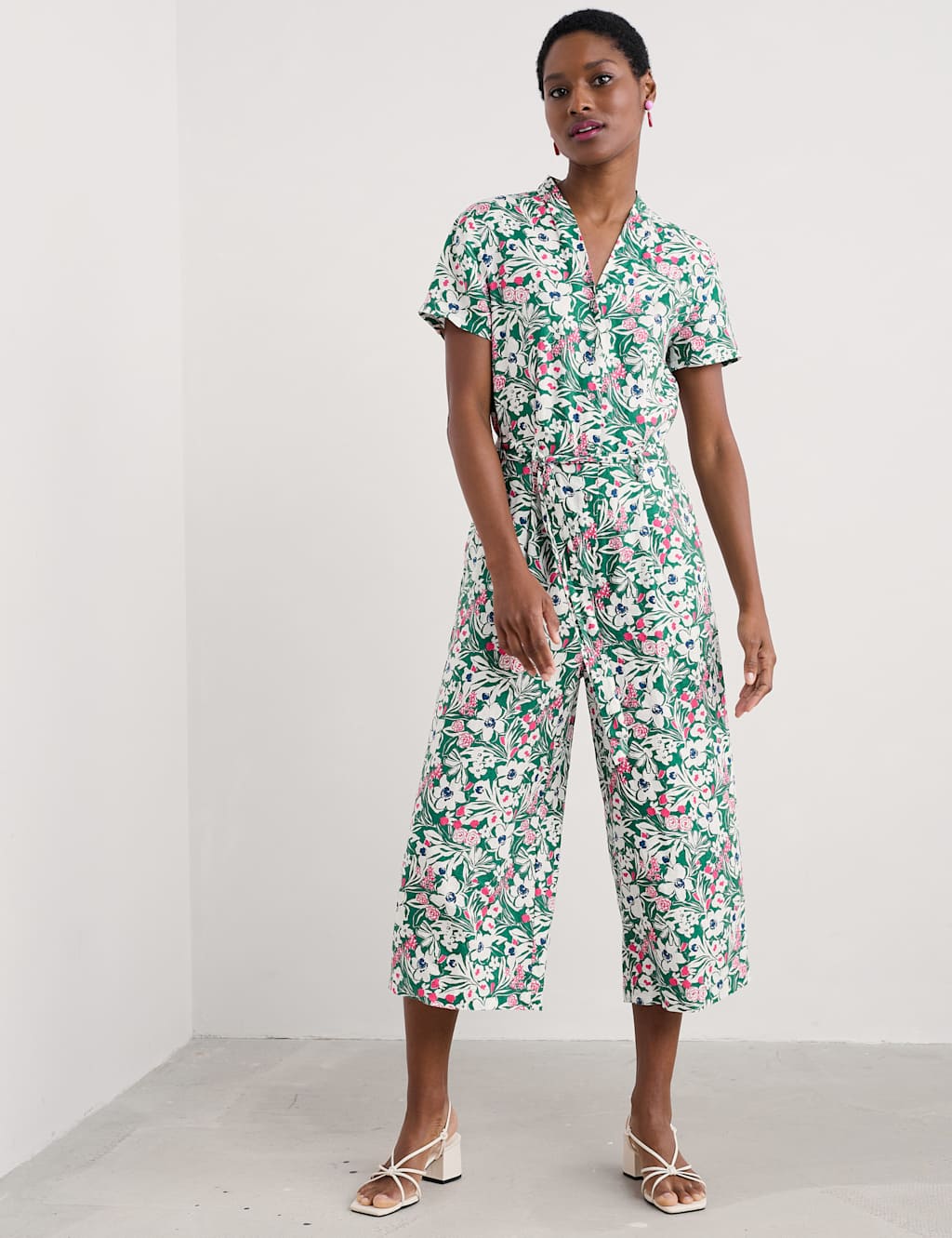 Pure Linen Floral Cropped Jumpsuit