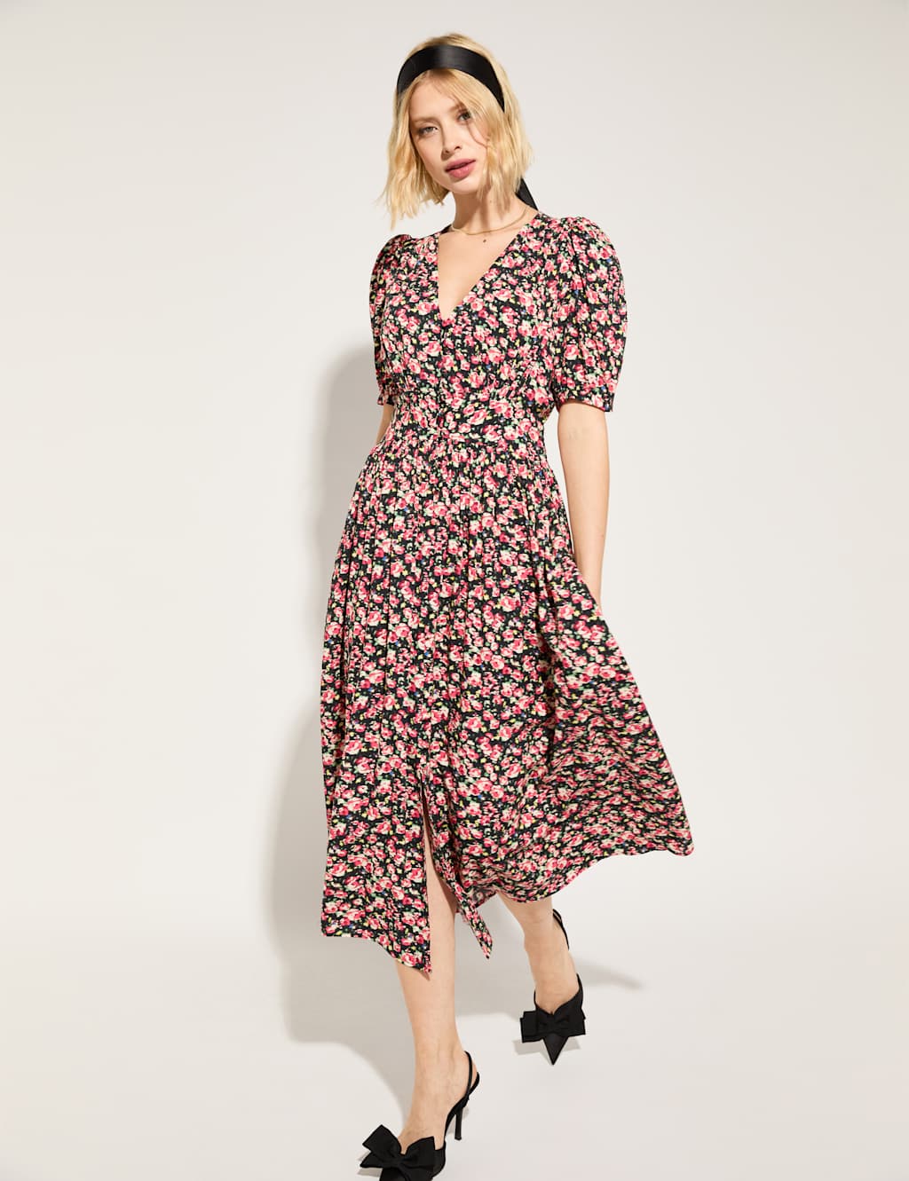 Floral V-Neck Midi Waisted Tea Dress