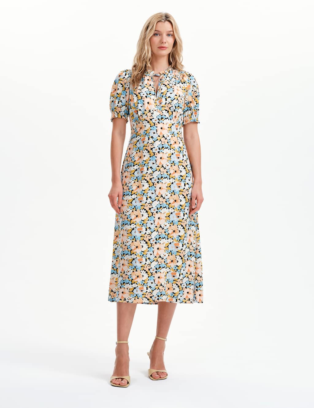 Finery London Women's Floral Tie Neck Midi Wasited Dress - 18 - Orange Mix - Available at M&S