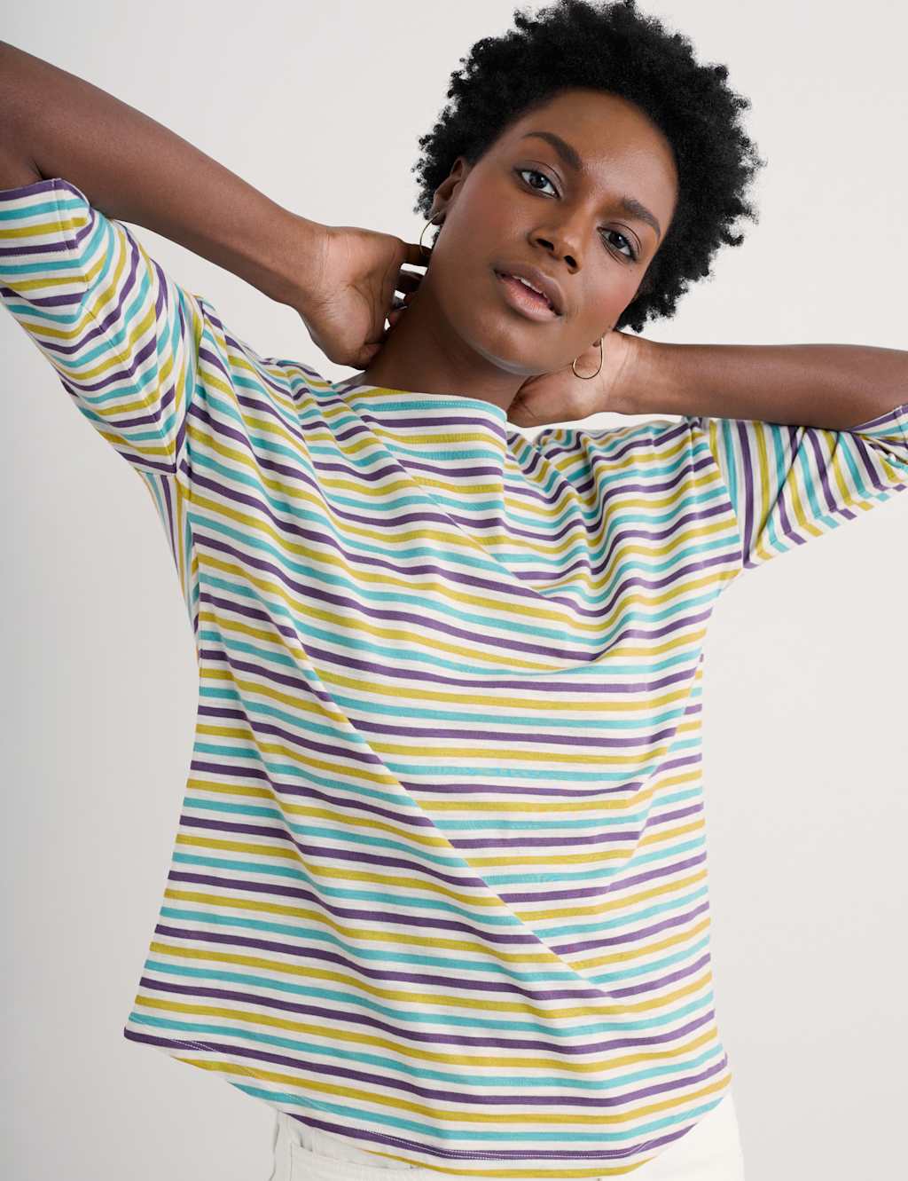 Pure Cotton Striped Slash Neck Top