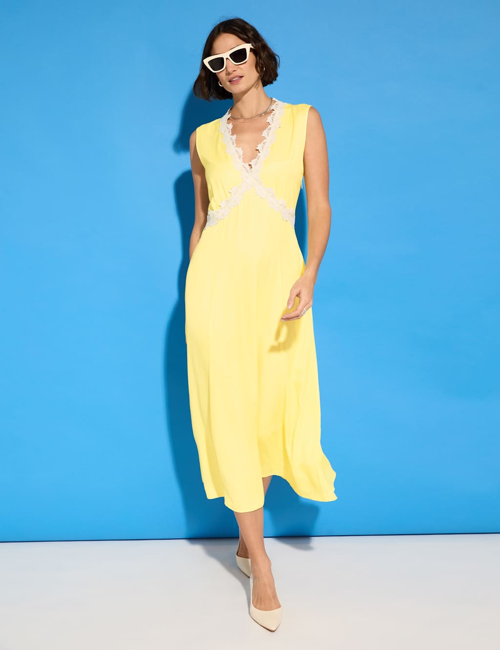 Satin Lace Trim Midi Slip Dress