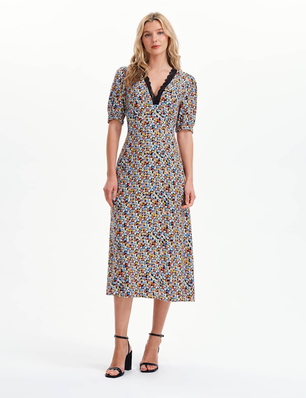 Finery London Women's Floral Lace Trim Midi Waisted Dress - 24 - Black Mix - Available at M&S