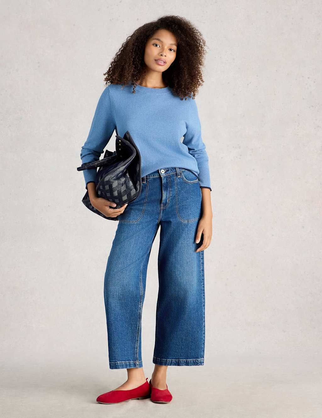 White Stuff Cotton Rich Crew Neck Jumper with Merino Wool Blue