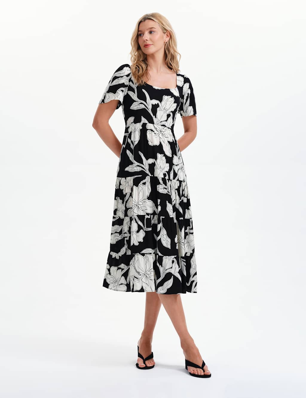 Finery London Women's Floral Square Neck Midi Tiered Dress - 8 - Black Mix - Available at M&S