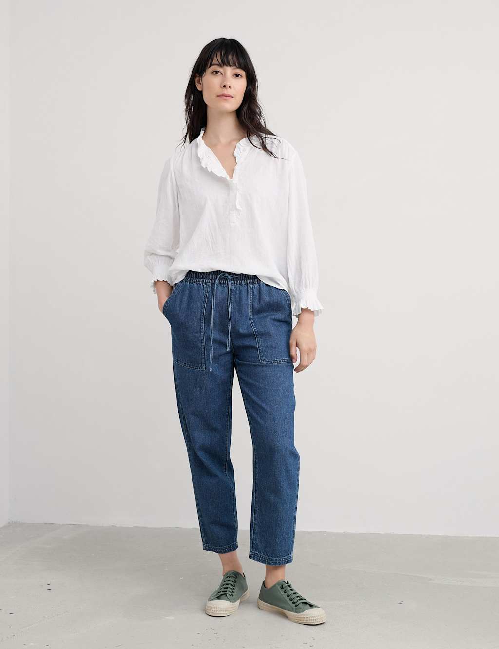 Seasalt Cornwall Women's Cotton Rich Checked Frill Detail Shirt - 12 - White Mix - Available at M&S