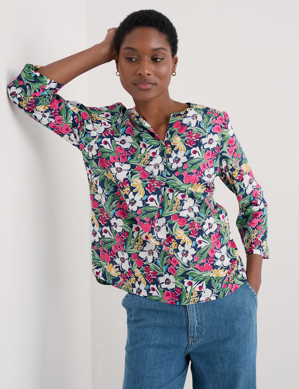 Pure Cotton Floral Notch Neck Relaxed Top
