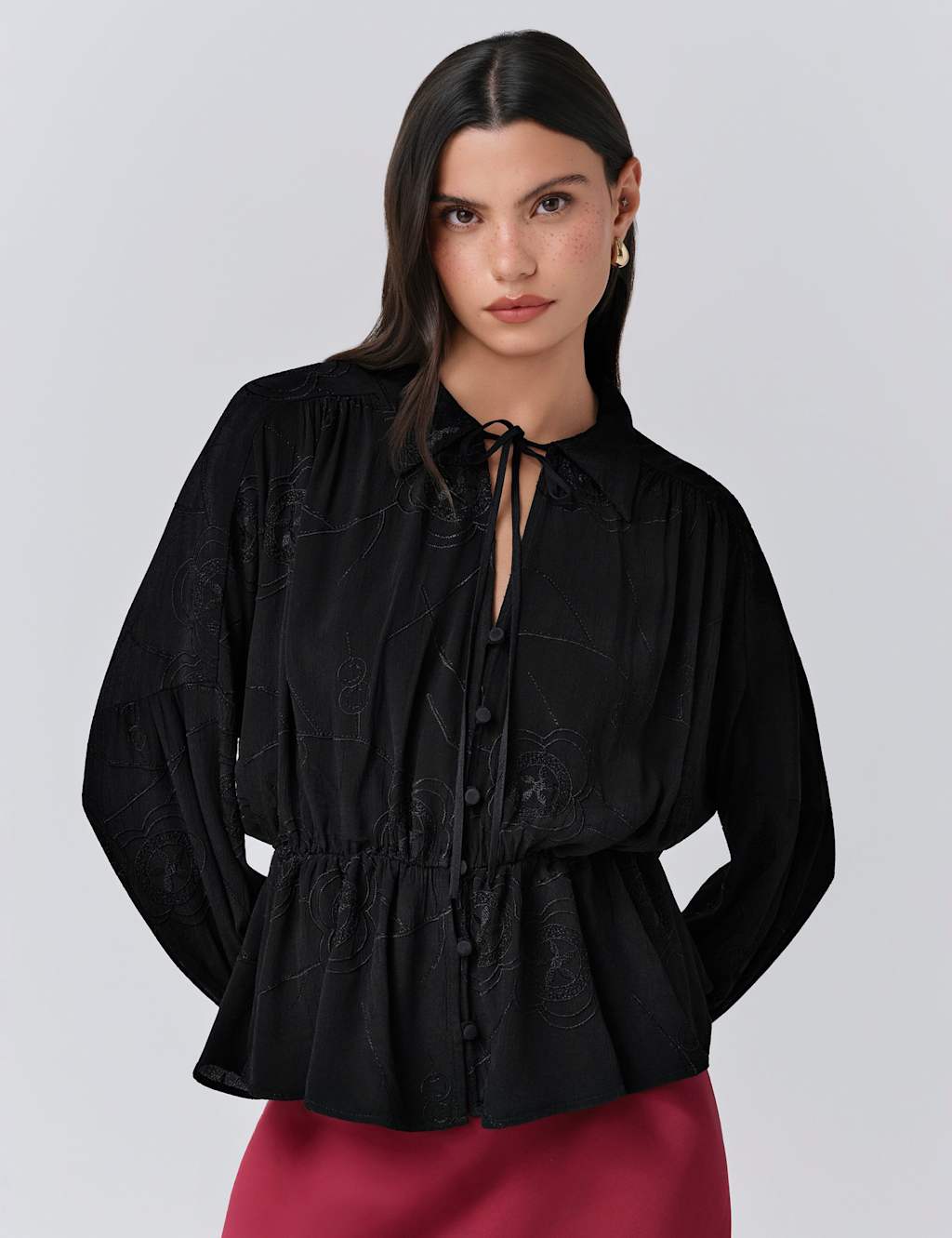 Ghost Crepe Embroidered Tie Neck Blouson Sleeve Blouse Black