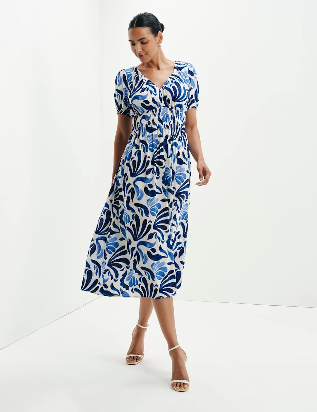Finery London Women's Palm Print V-Neck Midi Waisted Dress - 8 - Blue Mix - Available at M&S