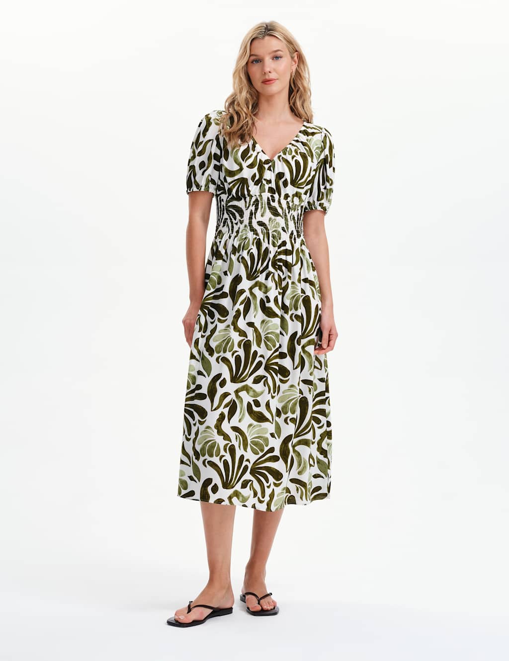 Finery London Women's Palm Print V-Neck Midi Waisted Dress - 18 - Green Mix - Available at M&S