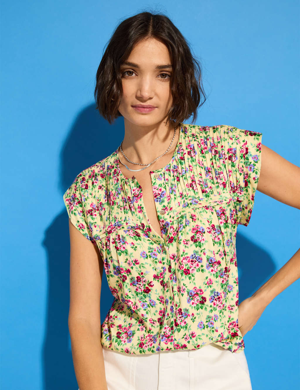 Satin Floral Pintuck Cap Sleeve Blouse