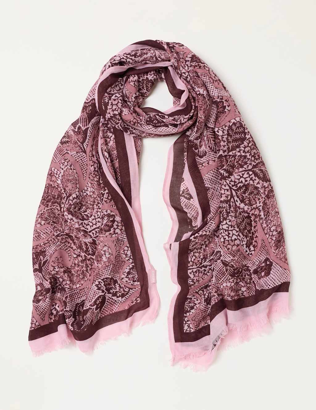 Fatface Women's Leaf Print Fringed Scarf - Burgundy Mix - Available at M&S