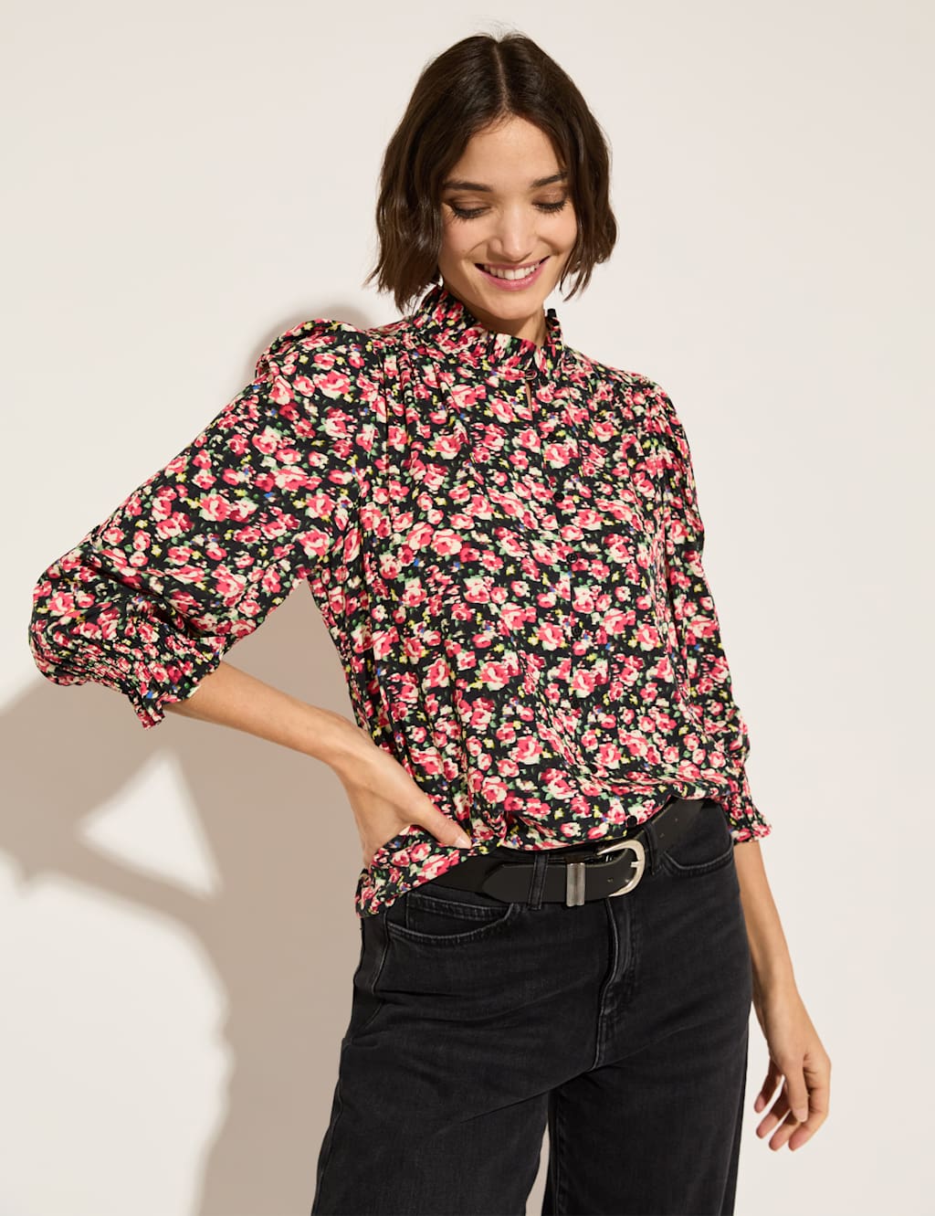 Floral Frill Neck Blouson Sleeve Blouse