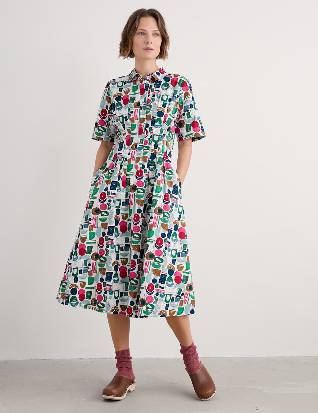 Pure Cotton Printed Midi Shirt Dress