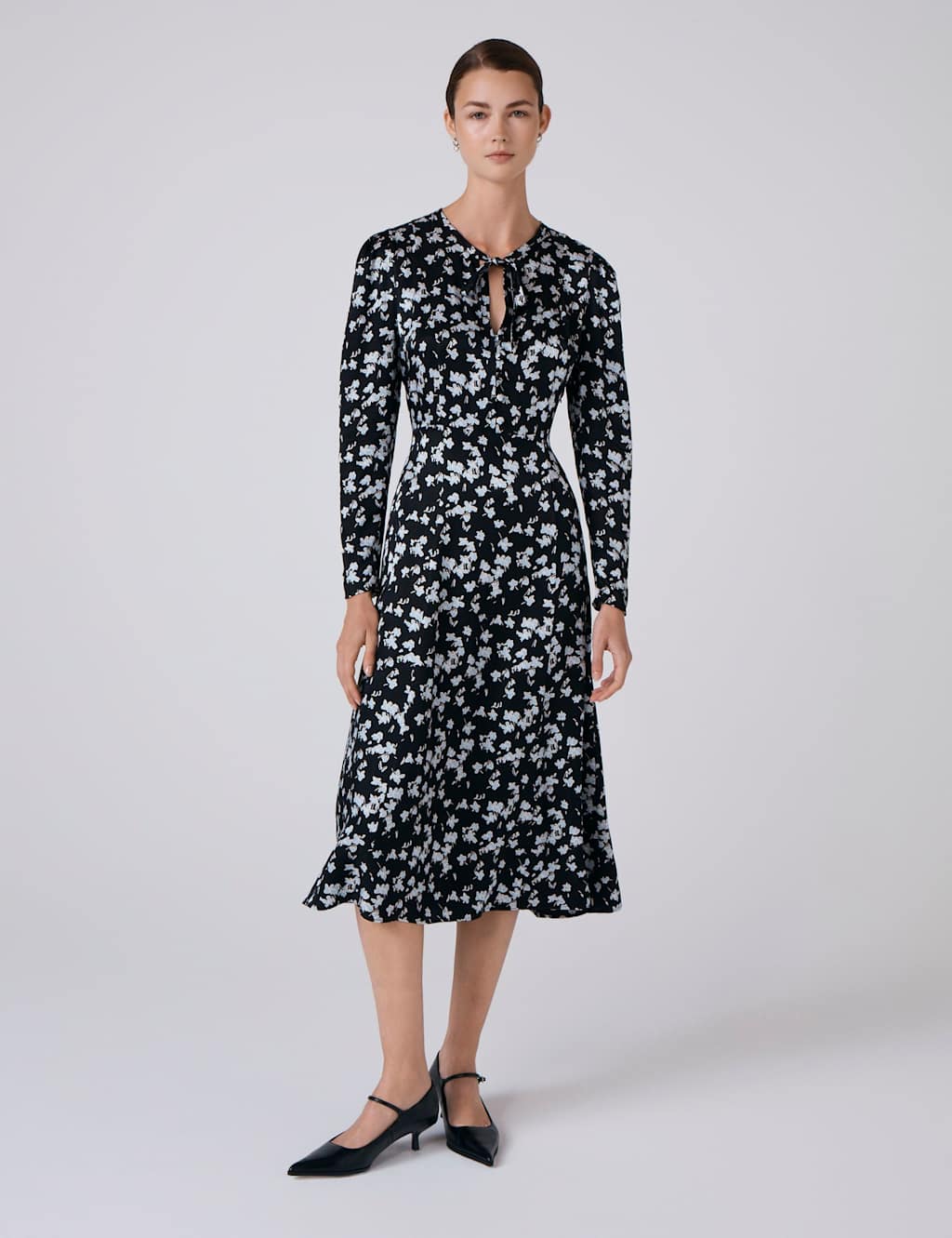 Ghost Women's Satin Floral Midi Waisted Dress - 10 - Black Mix - Available at M&S