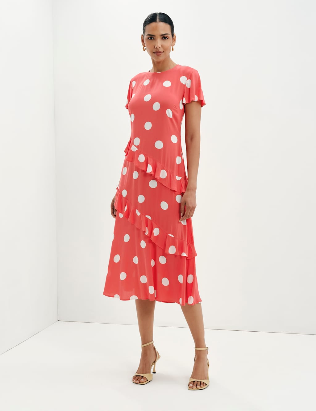 Finery London Women's Spot Print Asymmetric Ruffle Midi Waisted Dress - 16 - Red Mix - Available at M&S