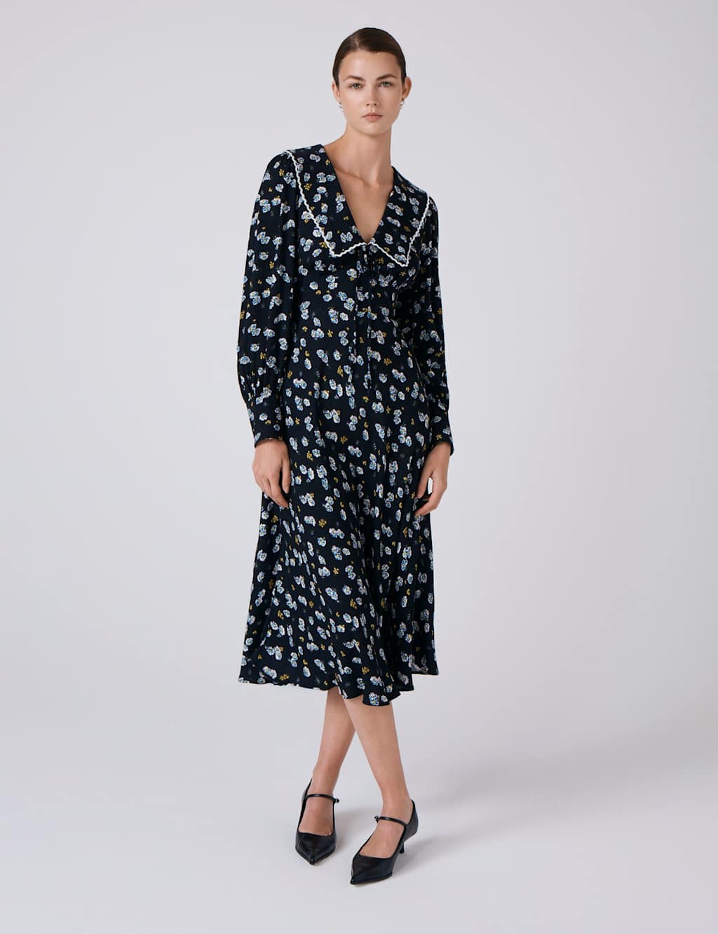 Ghost Crepe Floral Collared Midi Skater Dress Black Mix