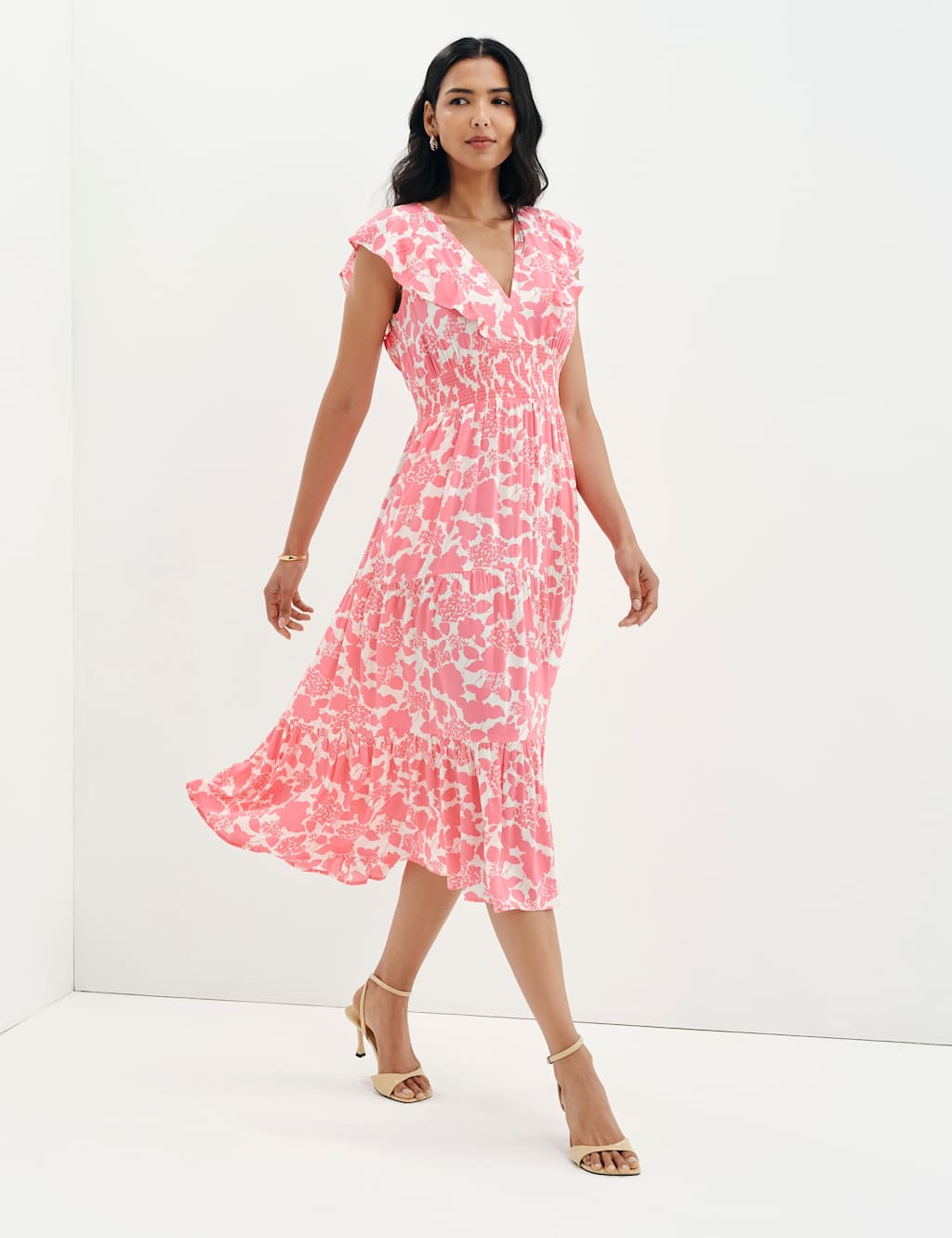 Finery London Women's Voile Printed V-Neck Midi Tiered Dress - 18 - Pink Mix - Available at M&S