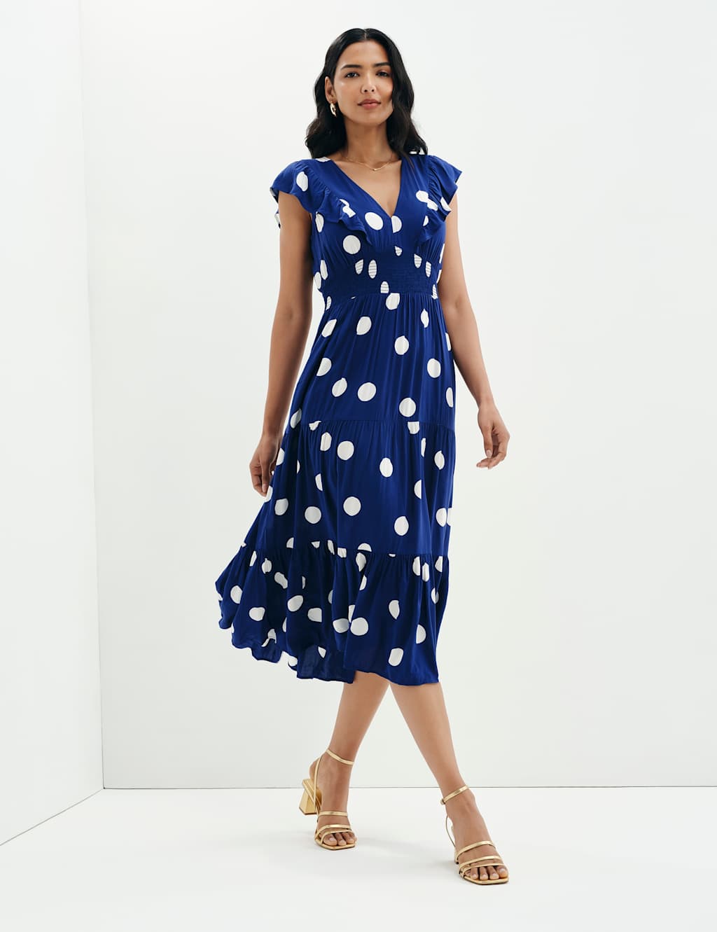Finery London Women's Voile Spot Print V-Neck Midi Tiered Dress - 10 - Navy Mix - Available at M&S