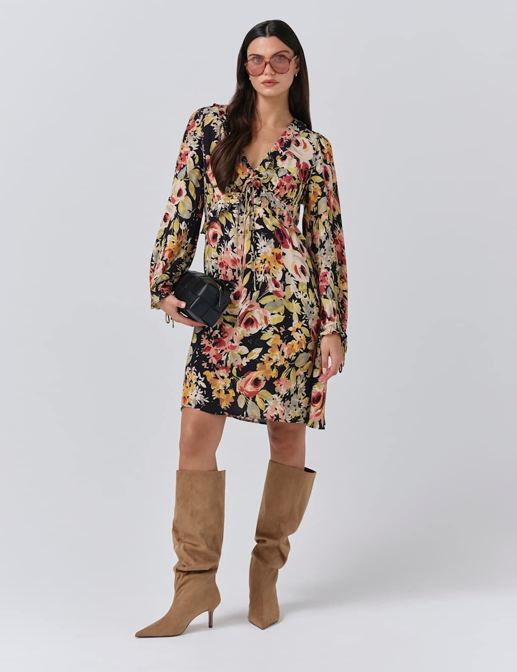 Ghost Crepe Floral V-Neck Mini Tea Dress Black Mix