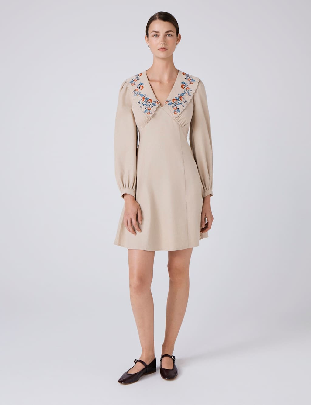 Ghost Cord Embroidered Collared Mini Shift Dress Natural