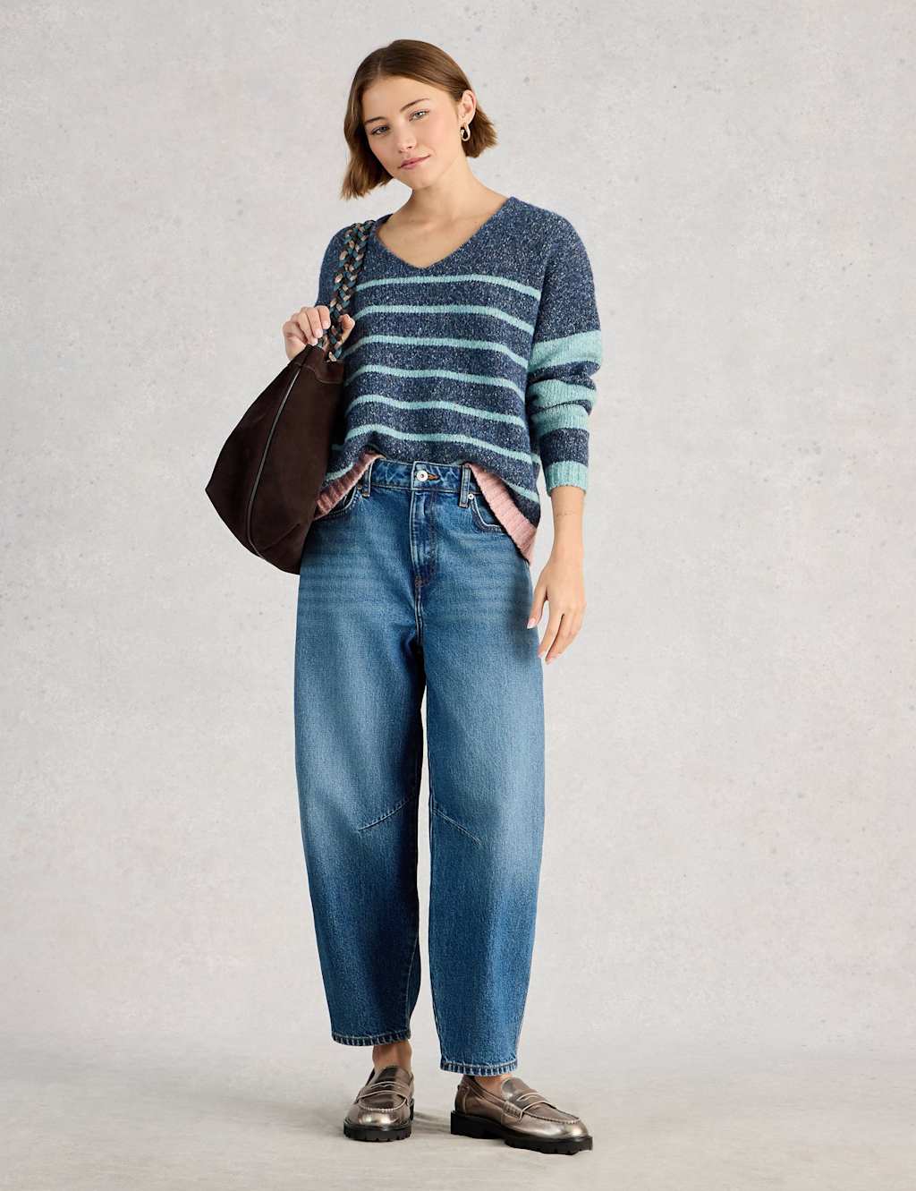 White Stuff Pure Cotton Striped Textured V-Neck Jumper Blue Mix