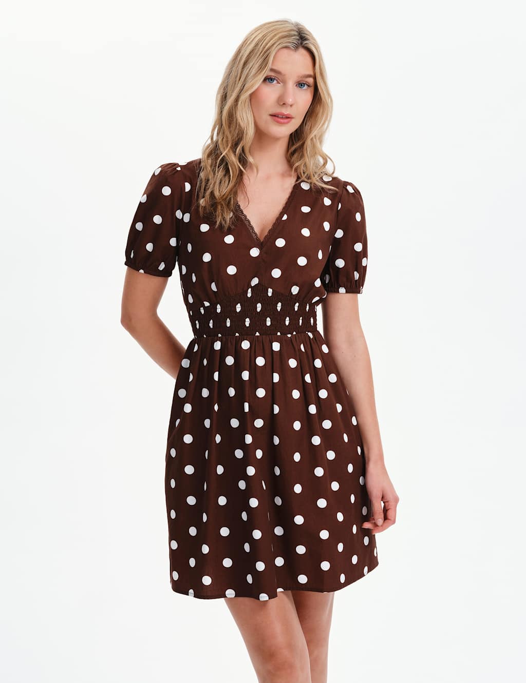 Finery London Women's Pure Cotton Polka Dot V-Neck Mini Dress - 18 - Brown Mix - Available at M&S